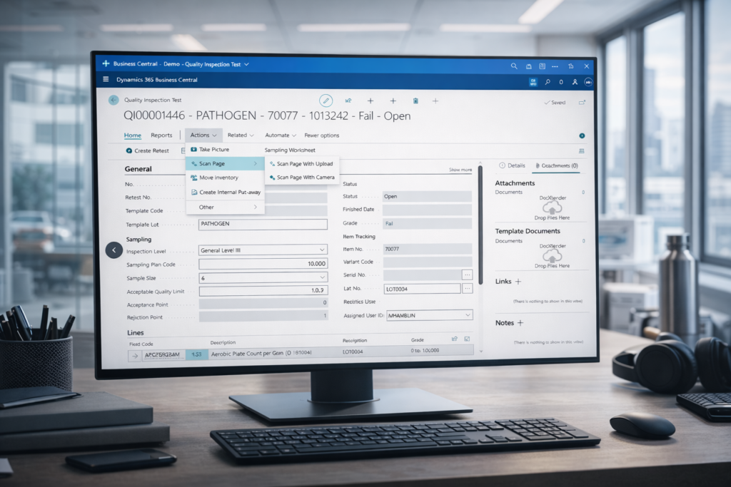 Computer monitor displaying Microsoft Dynamics 365 Business Central’s Quality Inspection Test screen with inspection details, sampling plan data, grading results, and lot tracking information in a modern office setting.
