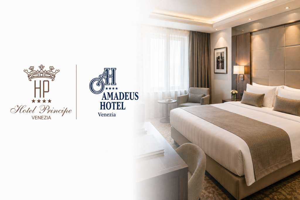 Hotel Principe Venezia and Amadeus Hotel Venezia logos displayed on a clean white background with a soft gradient transition into a modern hotel bedroom featuring a large bed, upholstered furnishings, warm lighting, and elegant contemporary décor.