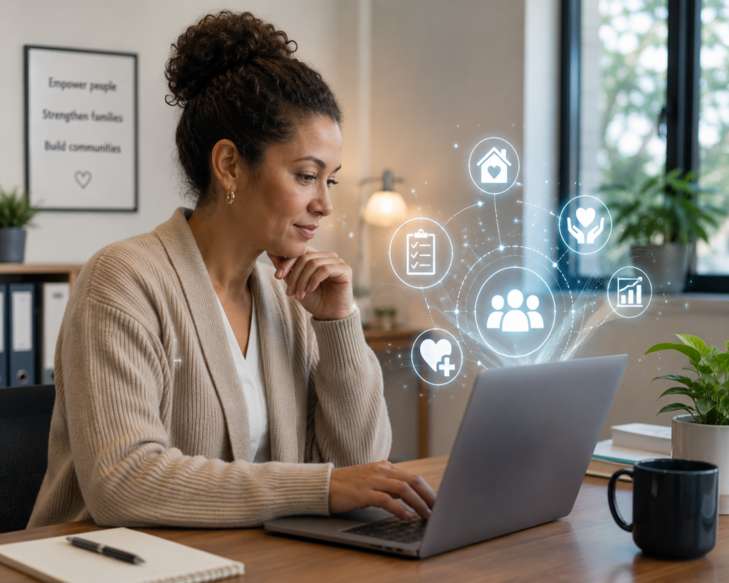 A social worker sits at a desk using a laptop, with glowing digital social care icons floating above the device, representing connected services, family support, wellbeing, case management, and data-driven decision-making.