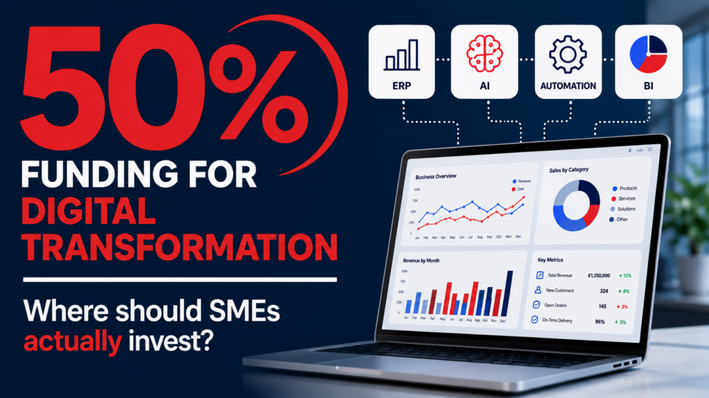 Promotional graphic showing 50% funding available for SME digital transformation, featuring ERP, AI, automation, BI, and business dashboard visuals.