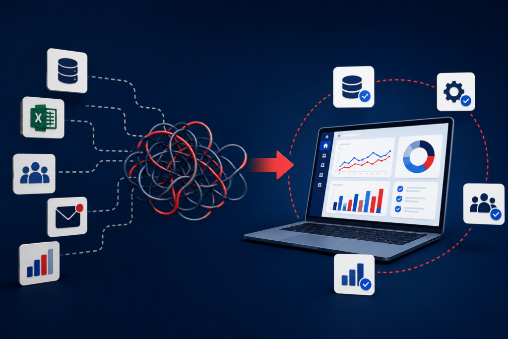 Minimal corporate illustration showing fragmented business systems and disconnected workflows transitioning into a connected digital operations platform with dashboards and automation.