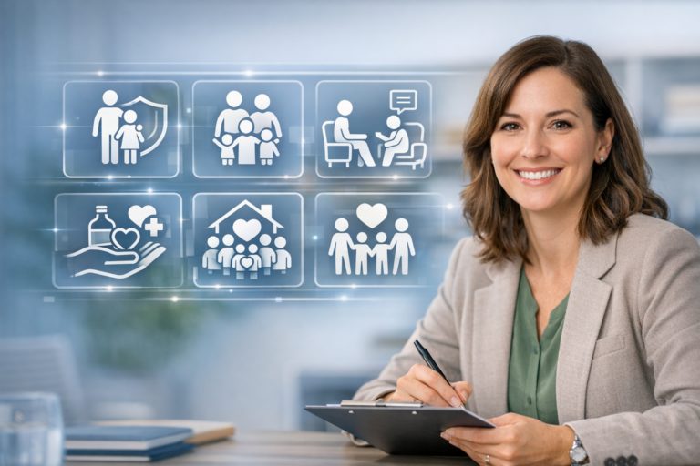 Social worker using a digital social policy platform for child protection, family support, therapy and addiction services