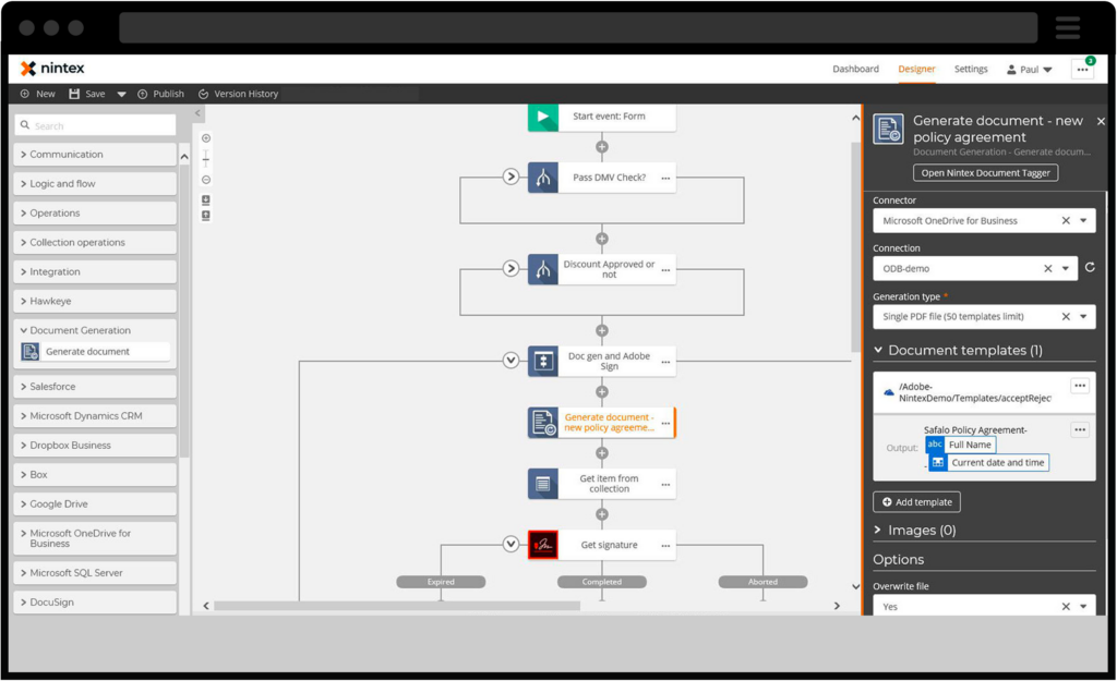 Screenshot of a workflow created through Nintex platform