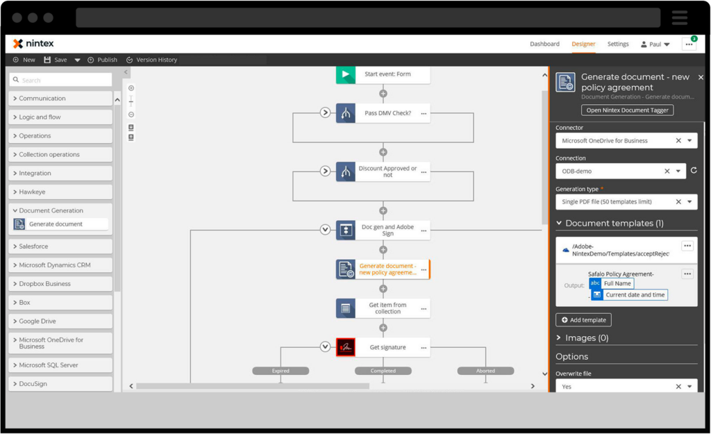 Schermata di un flusso di lavoro creato attraverso la piattaforma Nintex