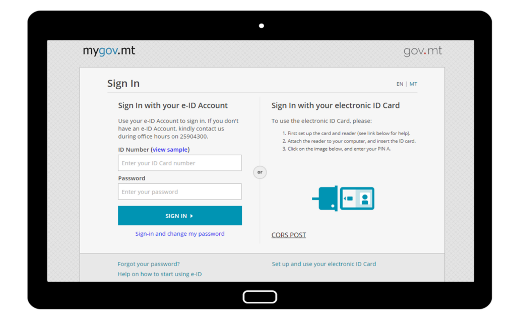 Tablet showing the login screen of the mygov.mt electronic identity portal