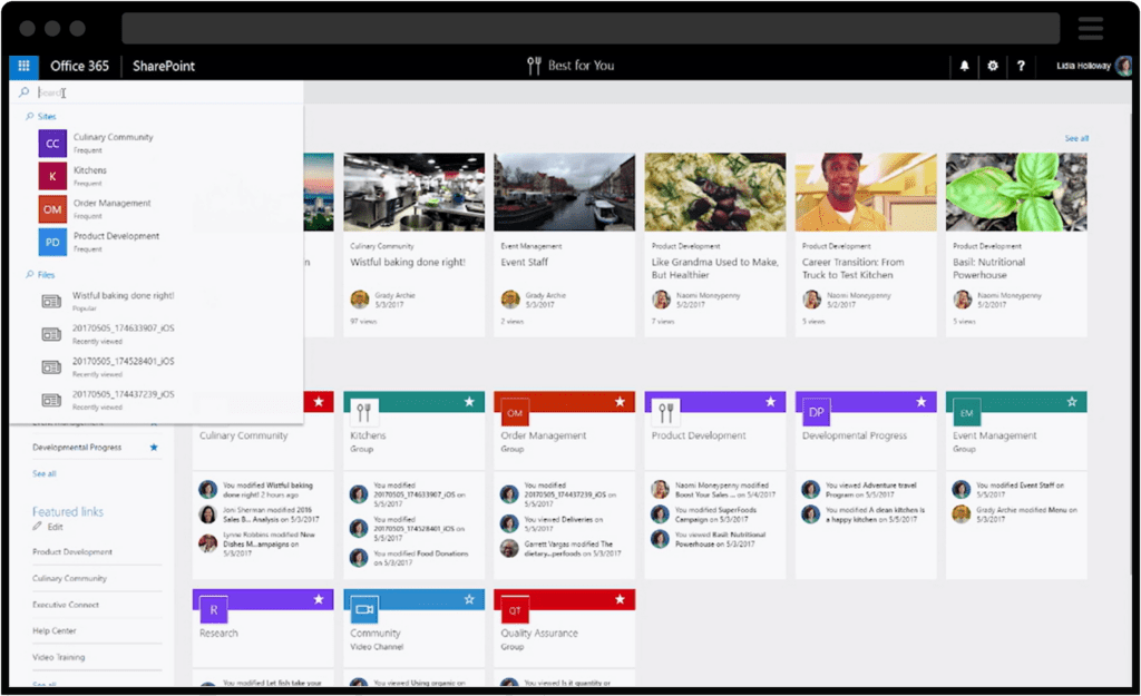 Screenshot of Sharepoint showing employee engagement dashboard