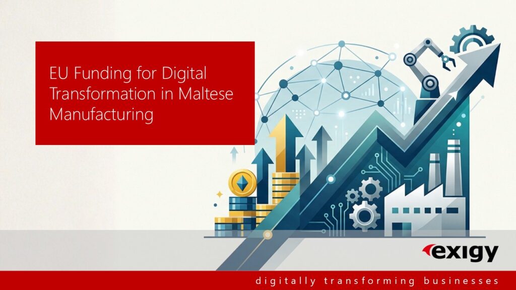 EU funding slide for digital transformation in Maltese manufacturing, showing growth chart, robotics, factory and Exigy branding