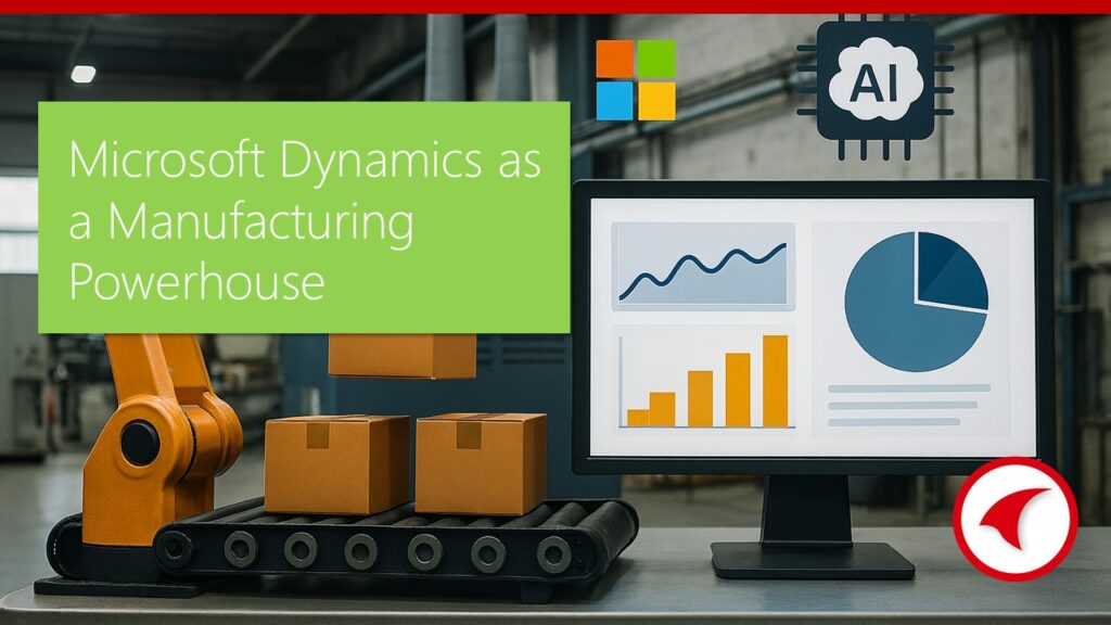 Microsoft Dynamics manufacturing dashboard showing production analytics, AI insights and Power BI charts in a factory environment