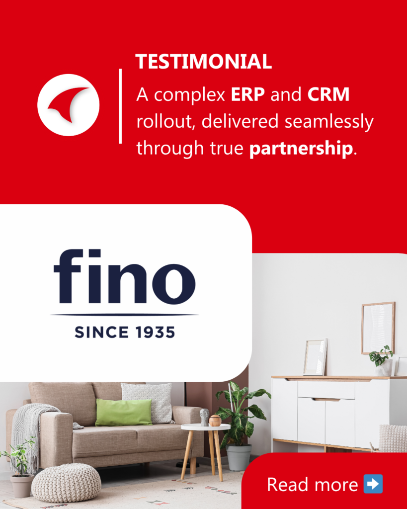 Promotional testimonial graphic featuring a red header with the message “A complex ERP and CRM rollout, delivered seamlessly through true partnership.” The Fino logo appears in a white rounded panel above a modern furnished living room scene, alongside a call-to-action button reading “Read more.”
