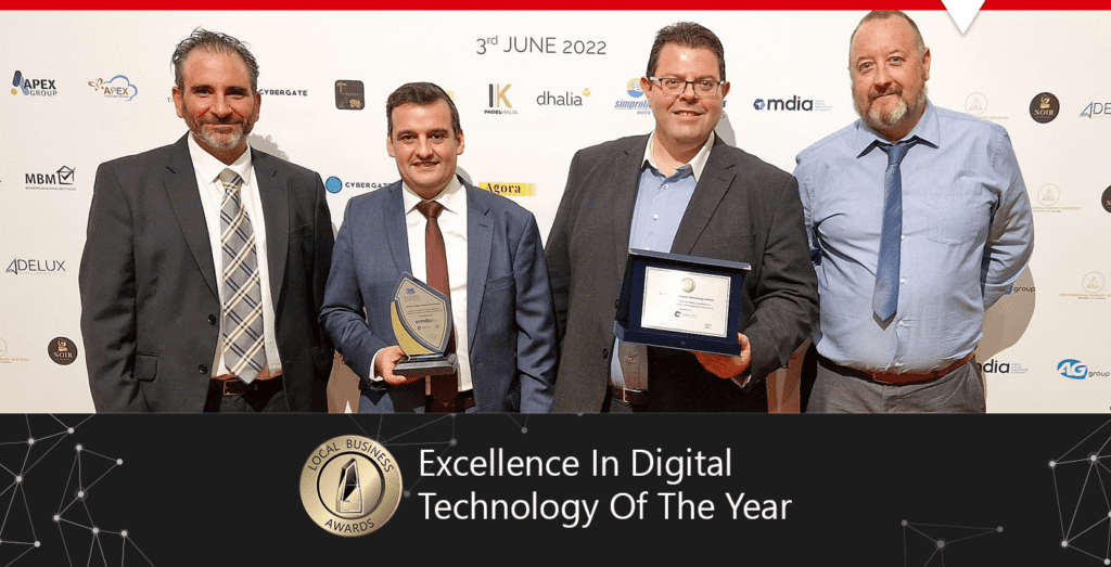 Exigy management team Dominic, Trevor, Francois, Tony celebrating award win for Excellence in Digital Technology of the Year