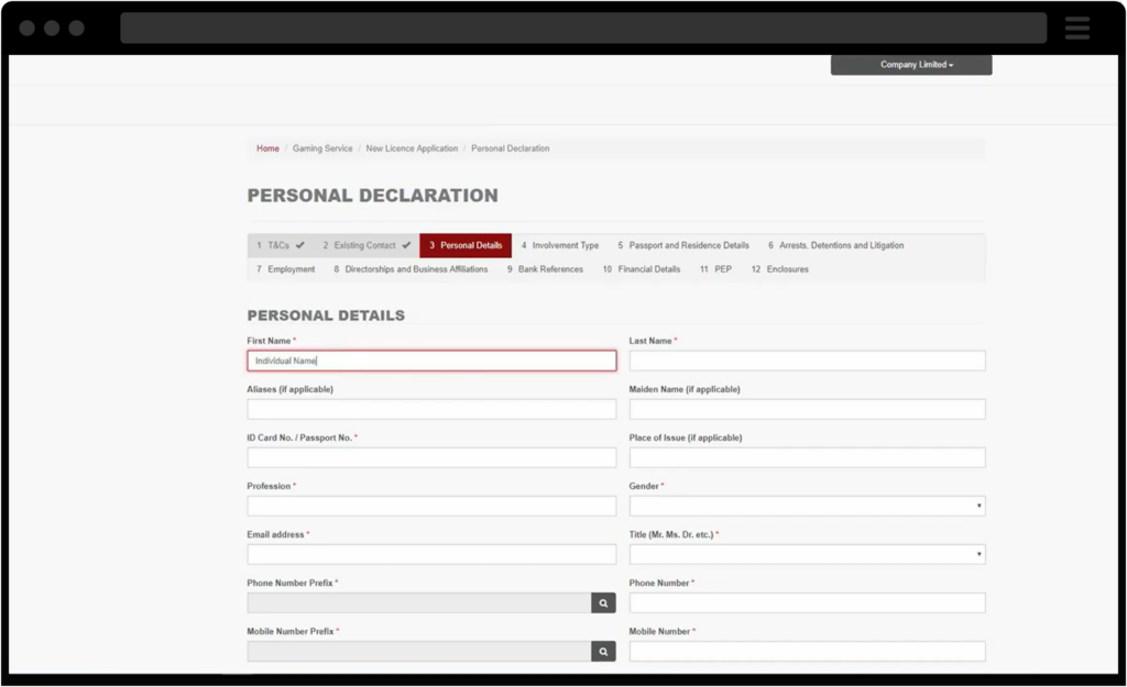 Screenshot of Dashboard for Personal Declaration of Licensee Management