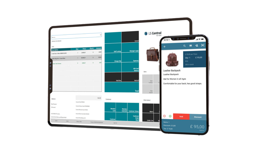 Tablet and smartphone showcasing integration of point of sale features of LS Central