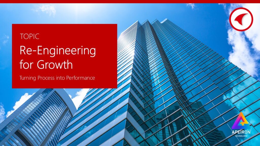 Re-engineering for growth slide showing modern skyscrapers symbolising business transformation and scalable enterprise performance