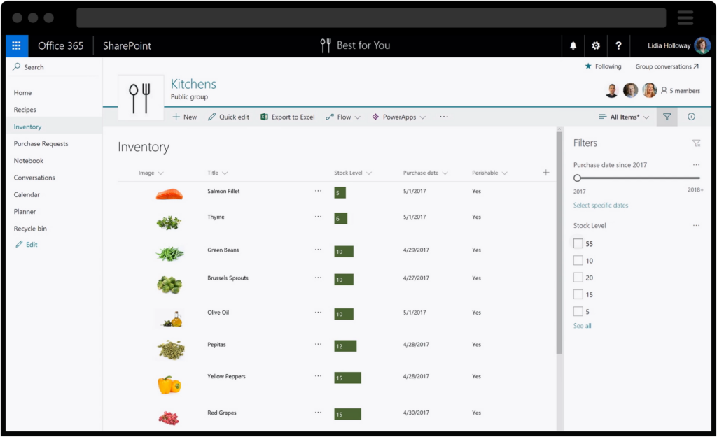 Screenshot of Sharepoint utilizing an inventory management system for orders in a restaurant