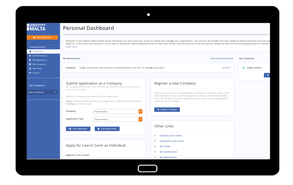 Screenshot of the Single Permit Portal feature in Exigy's Electronic Identity platform
