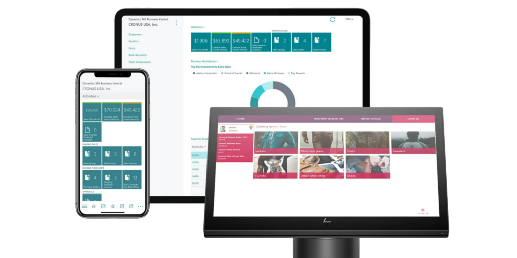 Smartphone, Tablet, Monitor all showing seamless integration between LS Retail and Microsoft Dynamics 365 Business central for a clothes retailer