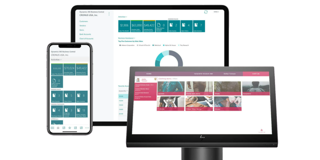 Smartphone, tablet e monitor mostrano la perfetta integrazione tra LS Retail e Microsoft Dynamics 365 Business central per un rivenditore di abbigliamento.