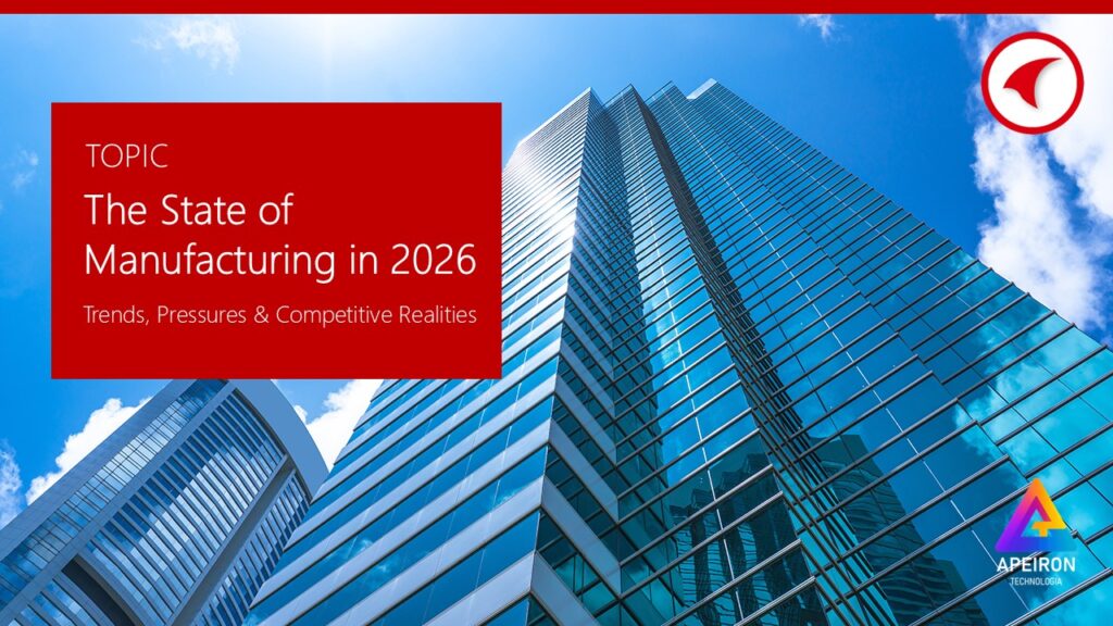 Topic slide “The State of Manufacturing in 2026” over a modern glass skyscraper background, highlighting trends, pressures and competitive realities for Manufacturing 4.0 and digital transformation [The State...ng in 2026 | Image], [Final Slide | PowerPoint]