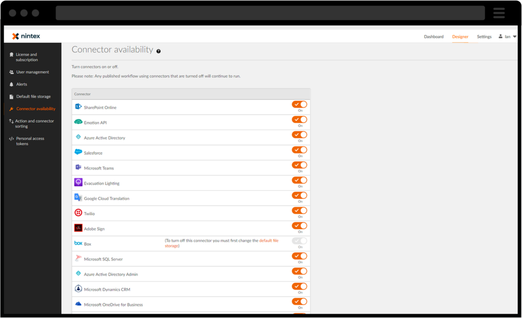 Screenshot of Nintex platform's Connector integration functionality