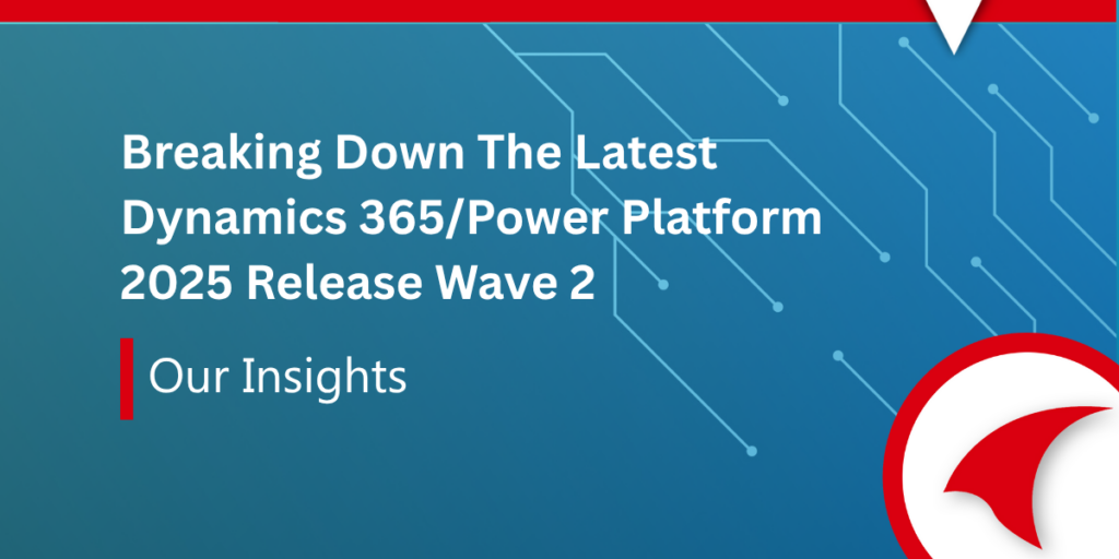 Banner che promuove approfondimenti su Dynamics 365 e Power Platform 2025 Release Wave 2 con un background di circuito digitale.