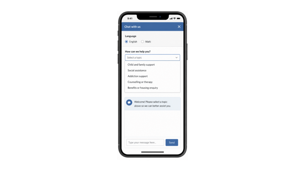 Social welfare live chat interface showing multilingual support and assistance options for public services including family support, social assistance, counselling and housing enquiries