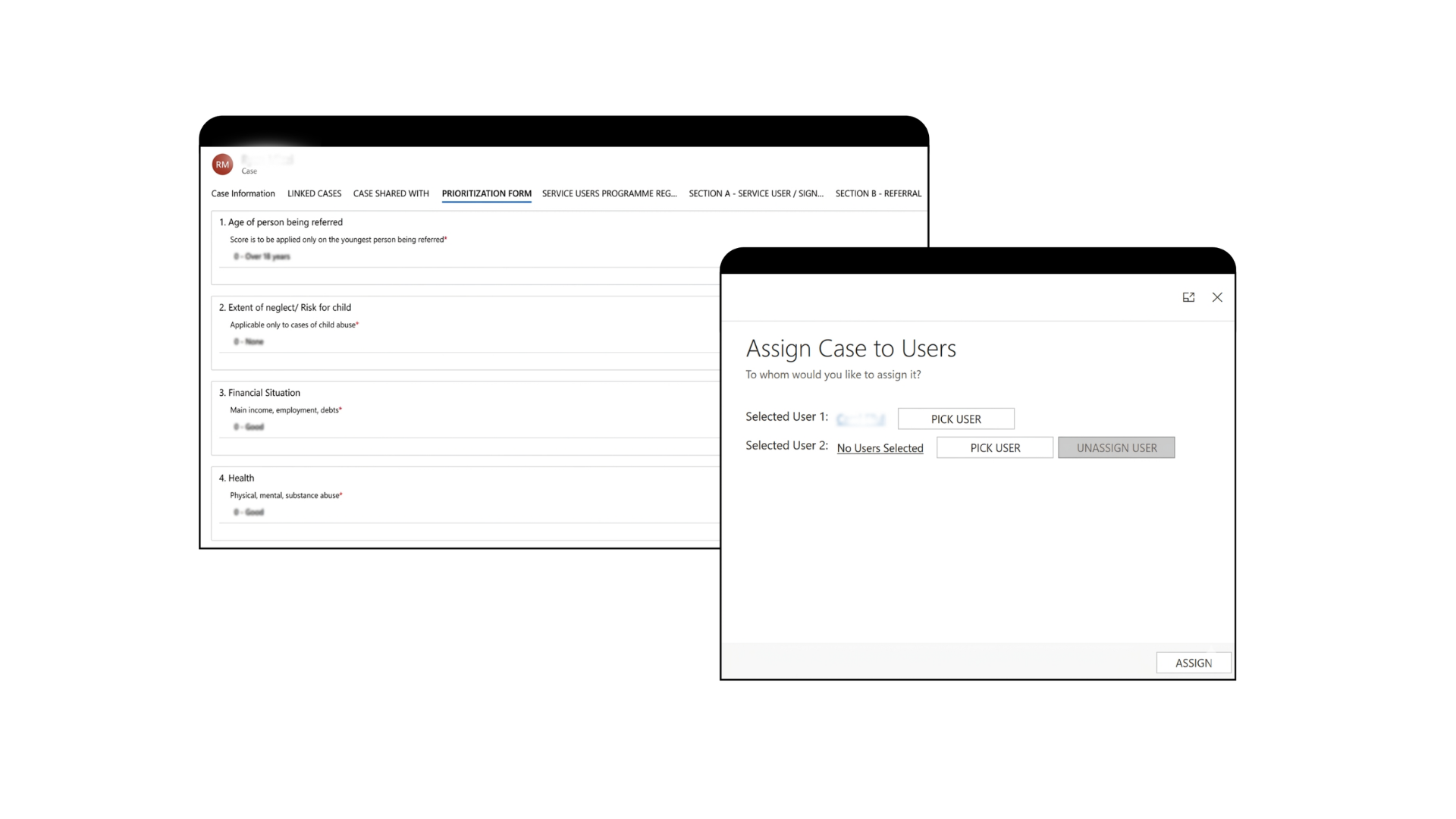Microsoft Dynamics social welfare case prioritisation form with structured risk assessment fields and case assignment dialog for allocating cases to users