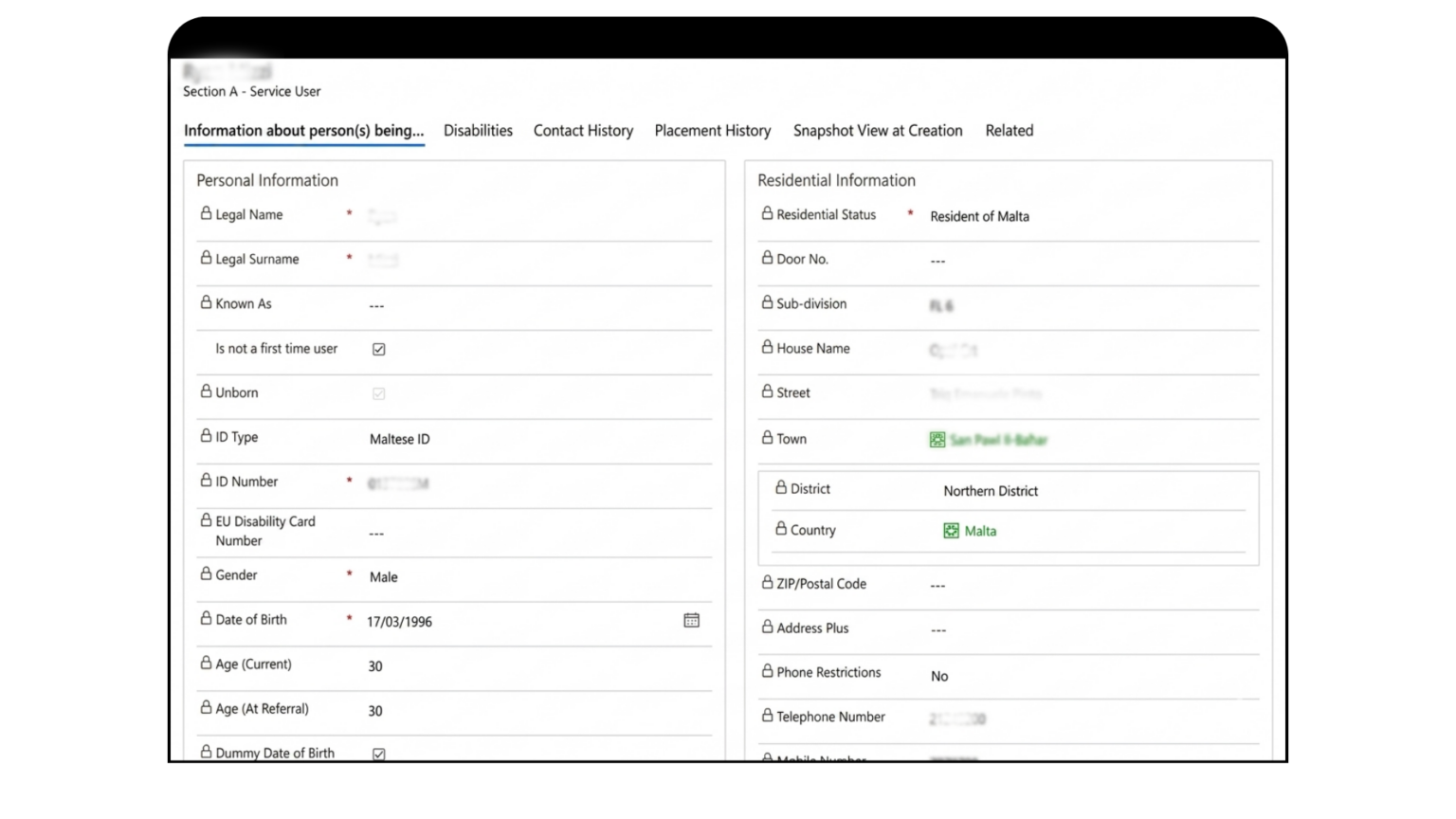 Microsoft Dynamics 365 social welfare case record screen showing Case Information fields (agency, service area, referrals), linked cases tabs and last record update timestamp