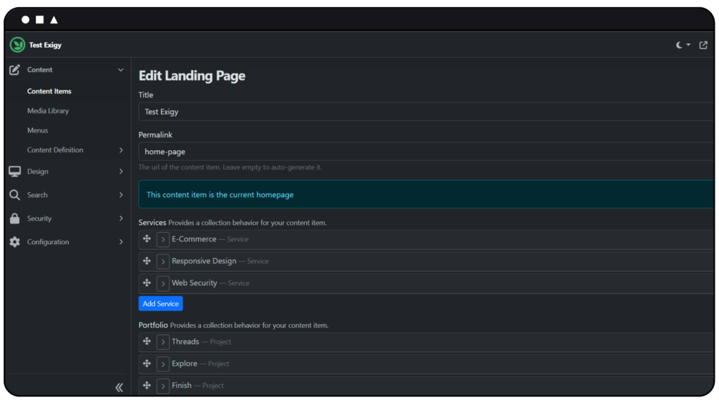 L'interfaccia del backend di Orchard Core mostra la sezione "Modifica Landing Page" con le opzioni per modificare titolo, permalink e servizi.