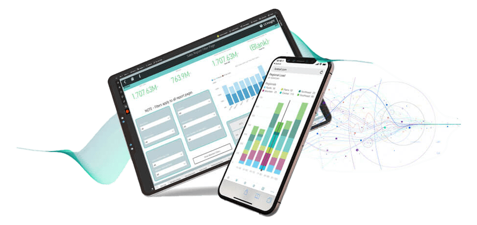 Smartphone e tablet che mostrano gli strumenti di reporting adattabili di LS Retail