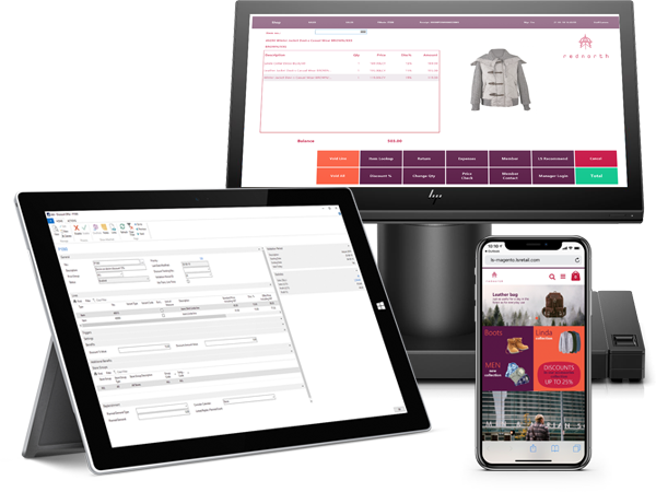 Multiple smart devices showcasing LS Retail eCommerce integration for a clothes retailer