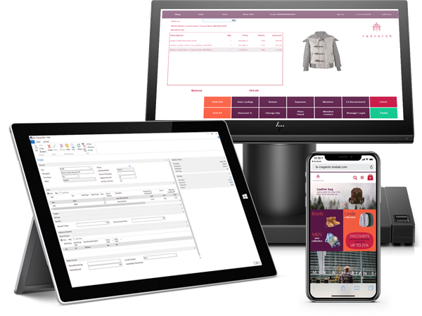 Diversi dispositivi intelligenti mostrano l'integrazione dell'eCommerce LS Retail per un rivenditore di abbigliamento